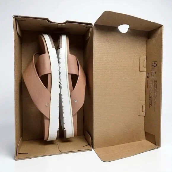 UGG Kari Sandals Size 7 Metallic Rose Gold Leather Crisscross Platform Slide - Picture 3 of 7